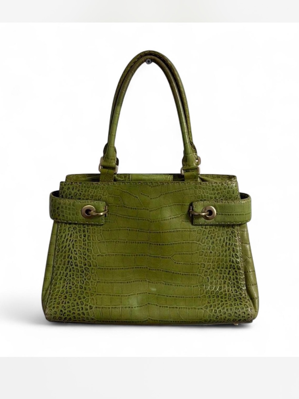 Ann Taylor Olive Green Croc-Embossed Satchel Handbag Genuine Leather